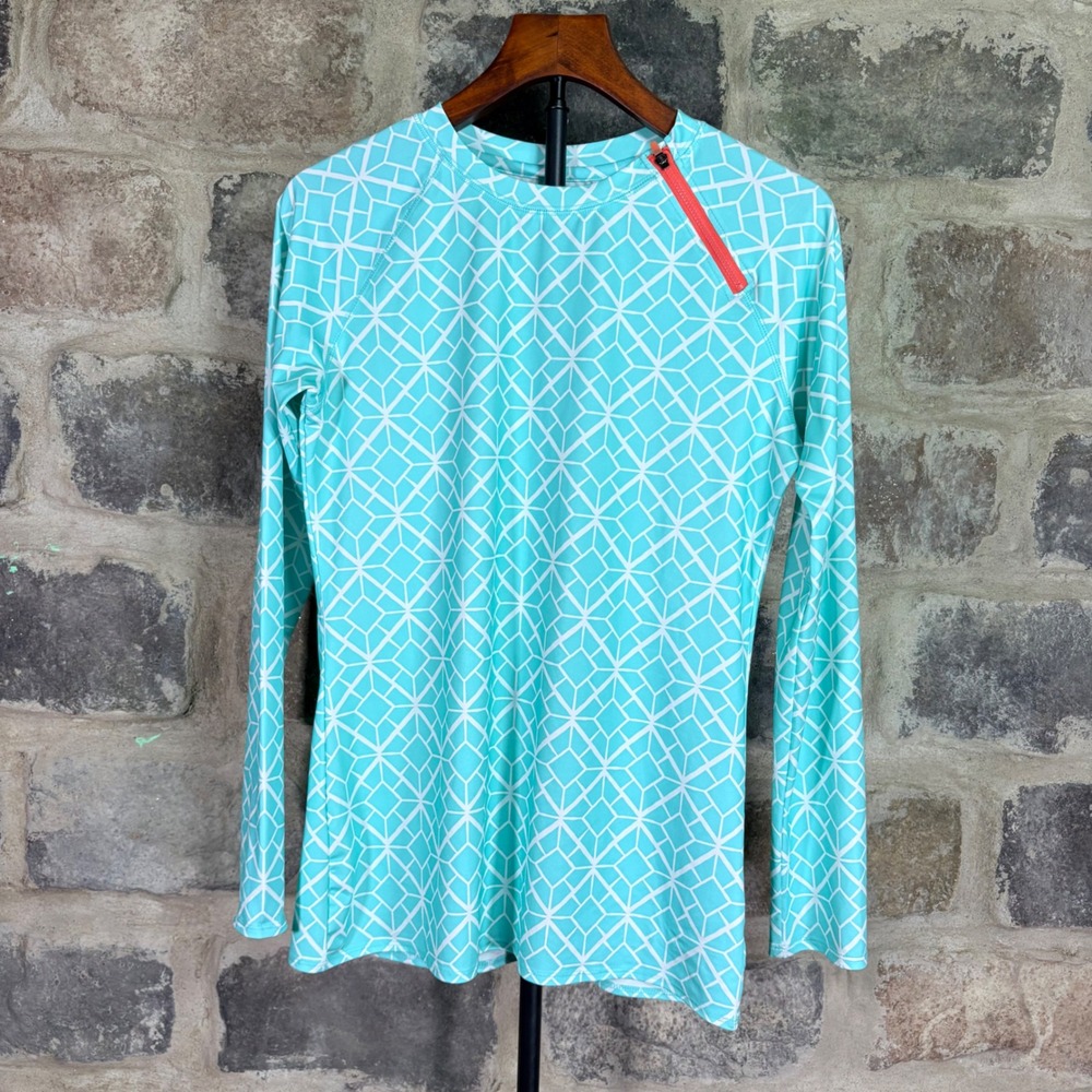 Reel Legends Womens Small Aqua Blue Geometric Sun Shirt Long Sleeve Rash Guard